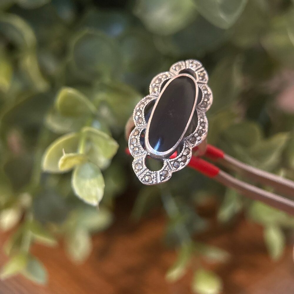 Elongated Onyx/Marcasite Silver 925 Ring View 4